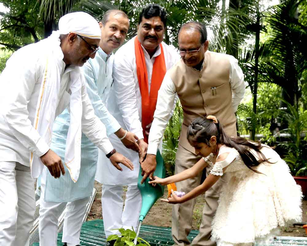  मुख्यमंत्री  चौहान के साथ बालिका देविका गौर ने अपने जन्म-दिवस पर पौधा लगाया