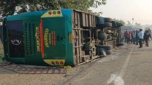 sagar, 12 passengers injured ,bus overturns 