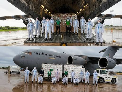 India , Venezuela; two IAF C-17 aircraft , 35 tonnes ,  mobile hospital.