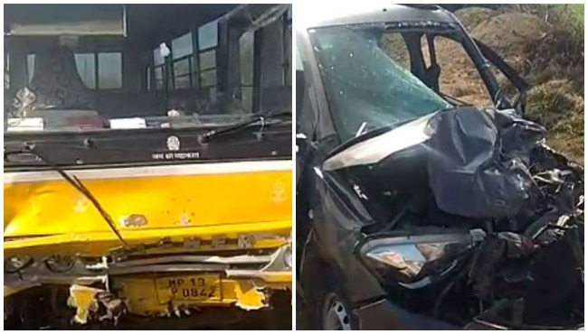ujjain,Car collided, school bus, four injured, two children